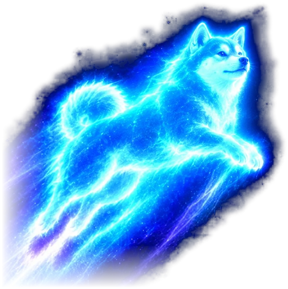 A shiba inu made of blue plasma, accelerating upward through deep space